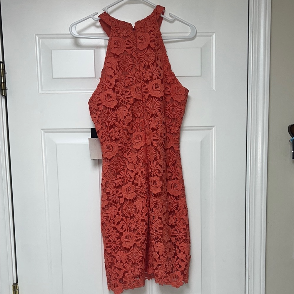Lulu's Coral Lace Halter Mini Dress - Picture 2 of 6